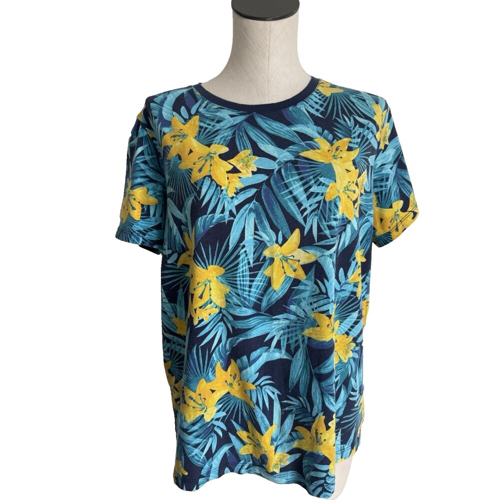 Lands' End T-Shirt Size L Multicolor Tropical Relaxed Short Sleeve Supima Cotton